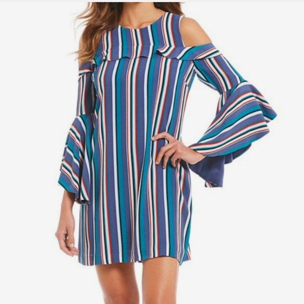 Gianni Bini Striped Dress Flutter Sleeves Cold Shoulder XS Blue‎ Green Red White